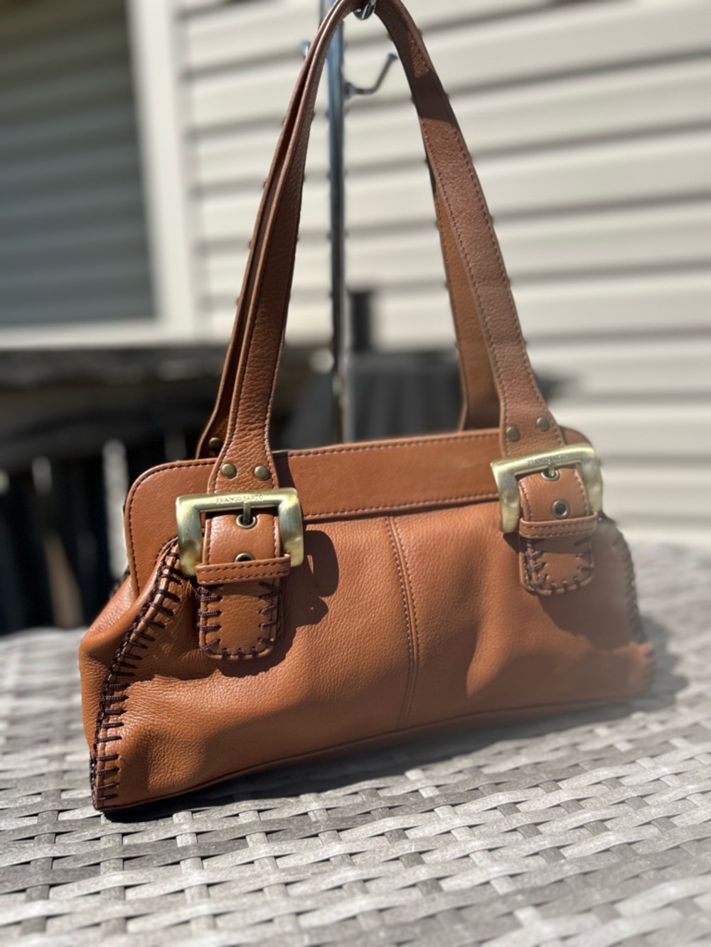 Franco Sarto Saddle Brown Leather Shoulder Bag with Brass Buckles - Picture 2 of 2